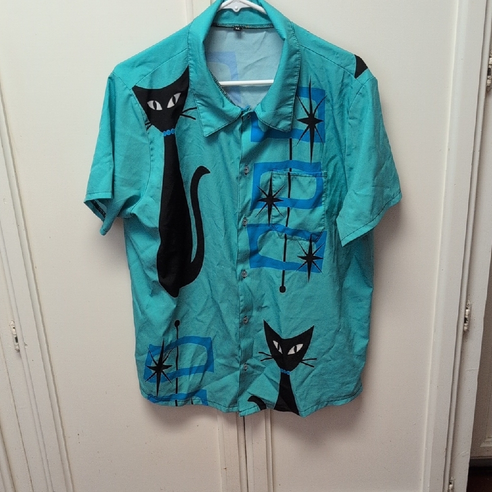 Teal Cat Print Short Sleeve Shirt